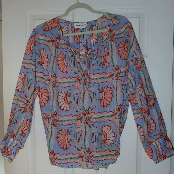 Antik Batik Blue and Red Floral Blouse  Large - Picture 1 of 3
